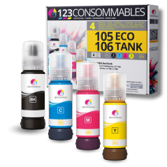 Pack compatible avec EPSON 105/106 ECOTANK, 4 bouteilles d'encre dura