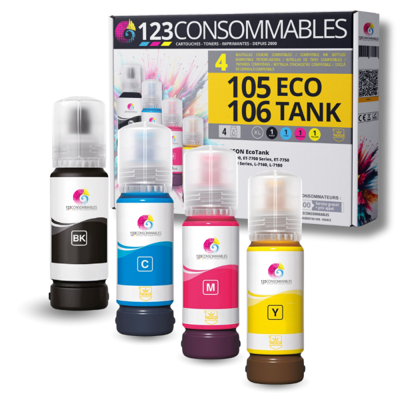 Pack compatible avec EPSON 105/106 ECOTANK, 4 bouteilles d'encre Pack compatible avec EPSON 105/106 ECOTANK, 4 bouteilles d'encre