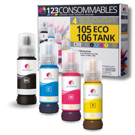 Pack compatible avec EPSON 105/106 ECOTANK, 4 bouteilles d'encre dura
