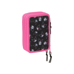 Trousse Kuromi 3 compartiments noir rose 37 pièces