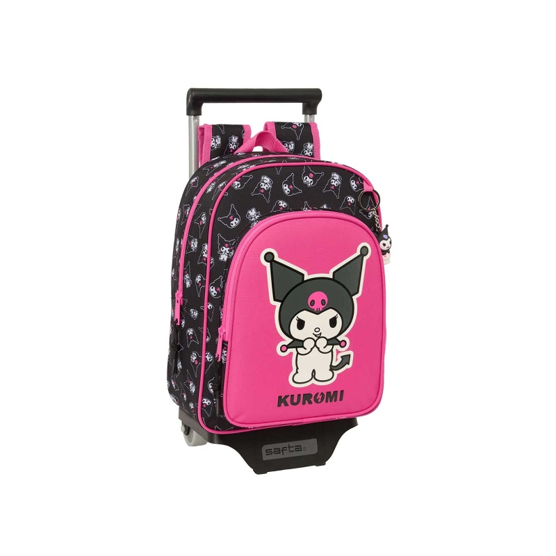 Sac à dos trolley Kuromi noir rose avec porte-bouteille Sac à dos trolley Kuromi noir rose avec porte-bouteille