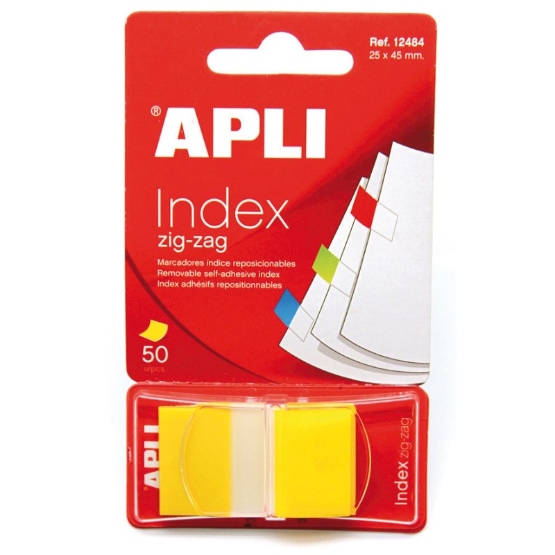 Apli Zigzag Film Indexes Adhésives 45x25mm Distributeur de 50 - Adhésif Amovible - Zigzag pour Identification Facile - Jaune