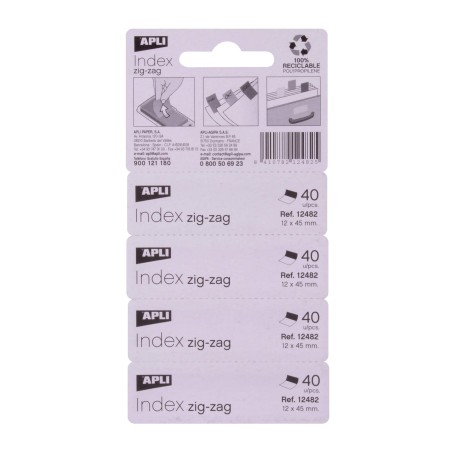 Apli Zigzag Film Index Adhésifs 45x12mm 4 Distributeurs de 40 Index - Facile à Appliquer - Résistant - Amovible - Couleurs