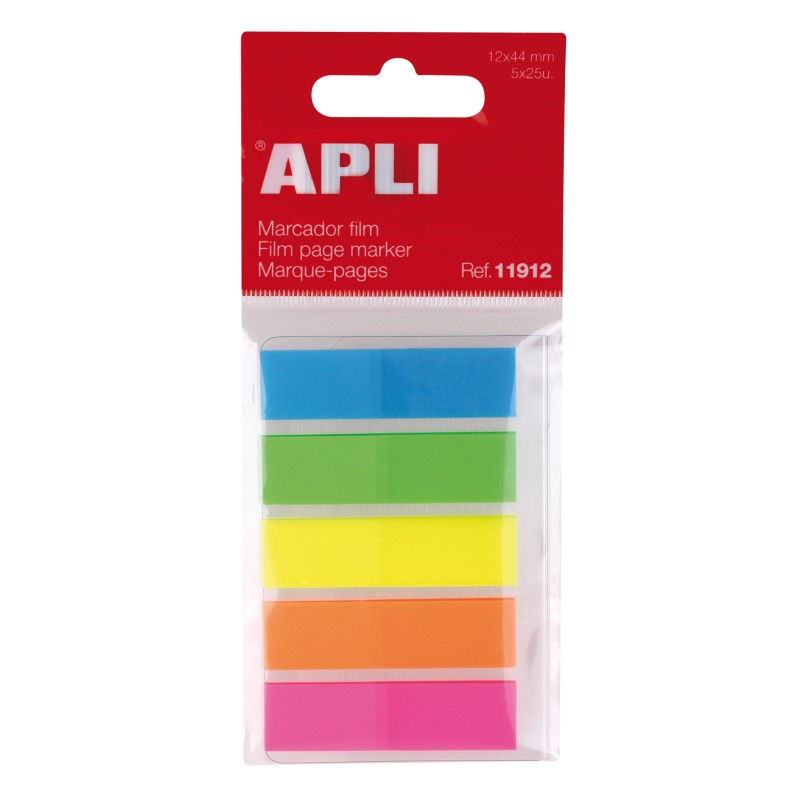 Film Index Adhésif Apli 45x12mm 5 Couleurs Fluorescentes - 25 Index par Couleur - Facile à Coller et Décoller - Idéal pour