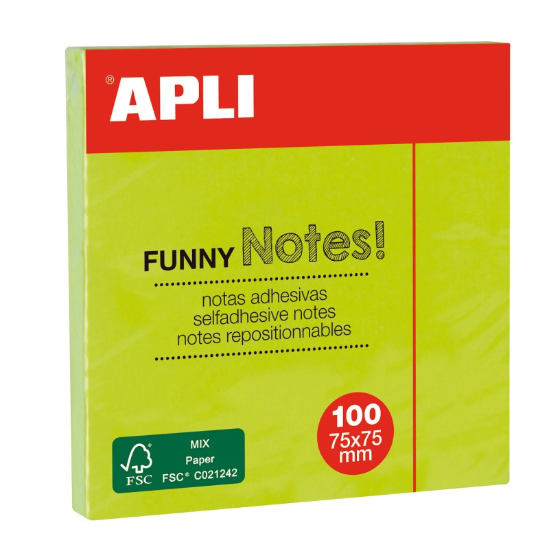 Apli Funny Sticky Notes Adhésives 75x75mm - Bloc de 100 feuilles - Vert fluo