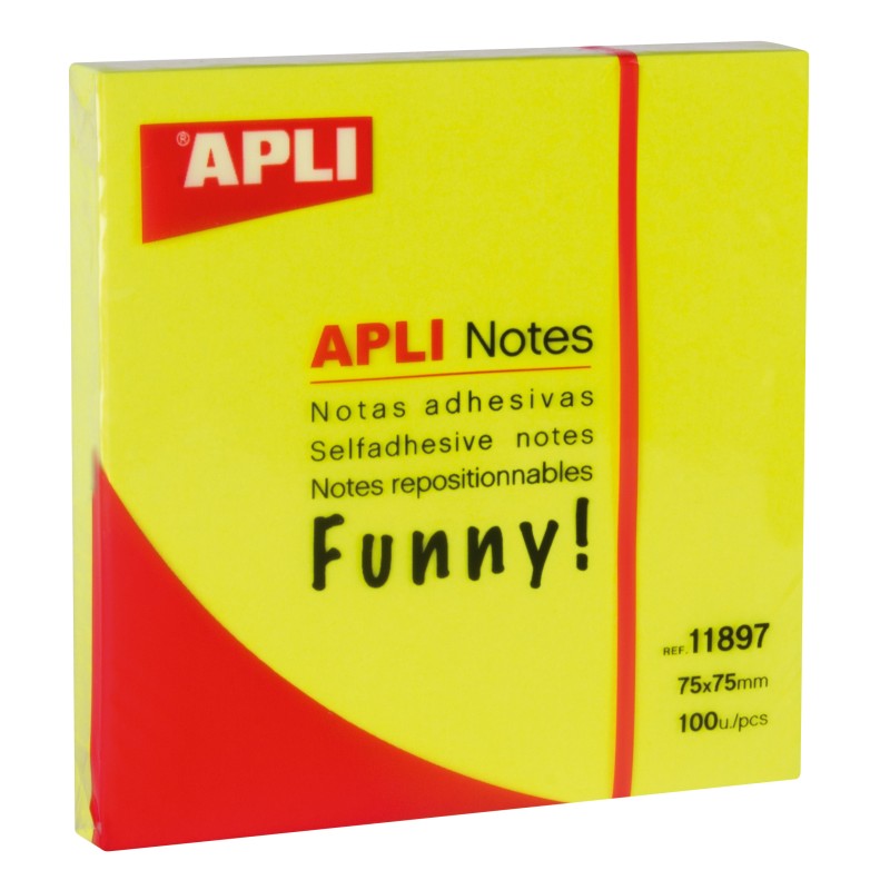 Apli Funny Sticky Notes 75x75mm - Bloc de 100 feuilles - Adhésif de qualité - Facile à décoller - Couleur jaune fluo Apli Funny Sticky Notes 75x75mm - Bloc de 100 feuilles - Adhésif de qualité - Facile à décoller - Couleur jaune fluo