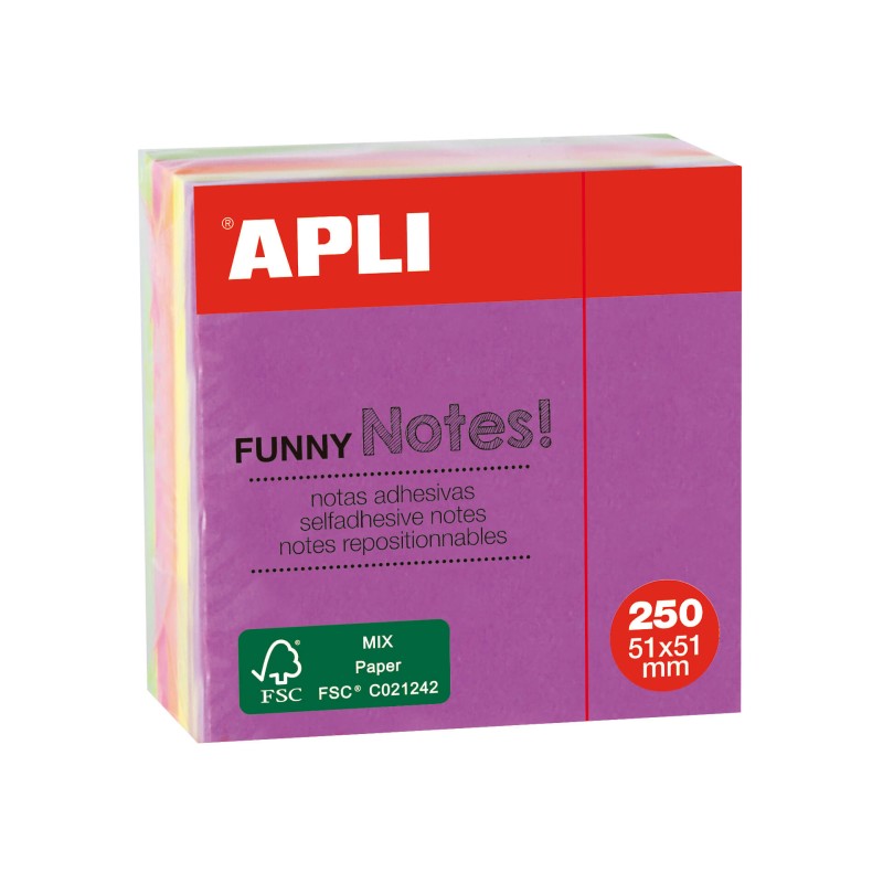 Apli Funny Sticky Notes 51x51mm Mini-Cube 250 Feuilles - 5 Couleurs Fluorescentes Assorties - Amusant et Pratique