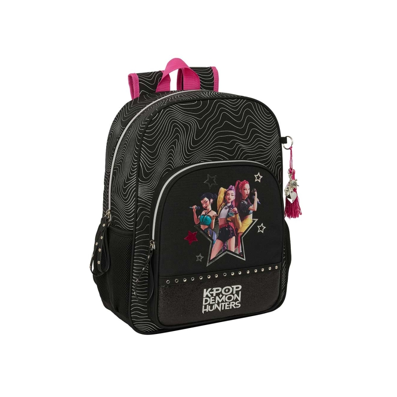Sac à dos K-Pop Demon Hunters noir et rose, chariot compatible Sac à dos K-Pop Demon Hunters noir et rose, chariot compatible