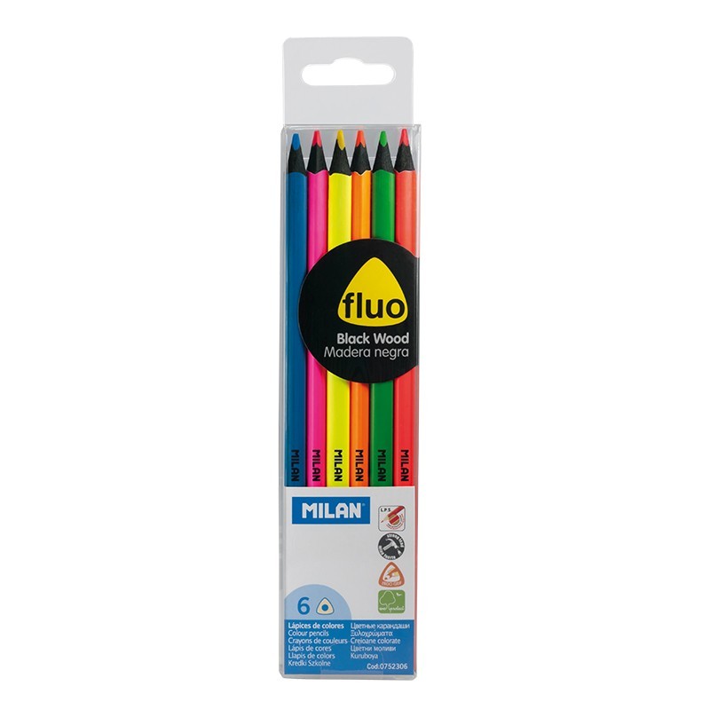 Lot de 6 crayons de couleur triangulaires Milan Fluo - Mine 2,9 mm - Ergonomiques - Incassables - Bois de tilleul - Couleurs