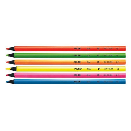 Lot de 6 crayons de couleur triangulaires Milan Fluo - Mine 2,9 mm - Ergonomiques - Incassables - Bois de tilleul - Couleurs