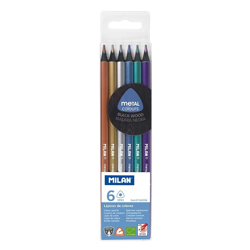 Lot de 6 crayons de couleur métalliques triangulaires Milan - Mine 2,9 mm - Ergonomiques - Incassables - Bois de tilleul