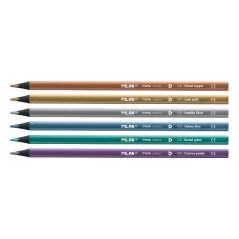 Lot de 6 crayons de couleur métalliques triangulaires Milan - Mine 2,9 mm - Ergonomiques - Incassables - Bois de tilleul