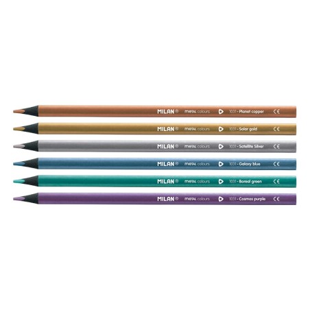 Lot de 6 crayons de couleur métalliques triangulaires Milan - Mine 2,9 mm - Ergonomiques - Incassables - Bois de tilleul