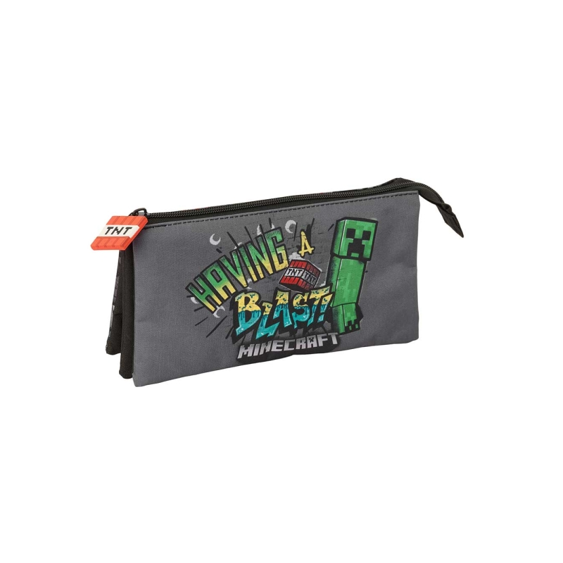 Trousse Minecraft Graffiti 3 compartiments gris 22x12x3 cm