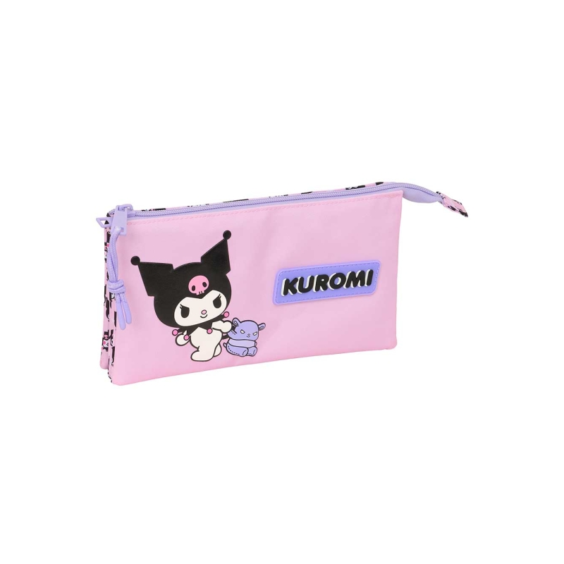 Trousse Kuromi 3 compartiments zippés rose 22x12x3 cm
