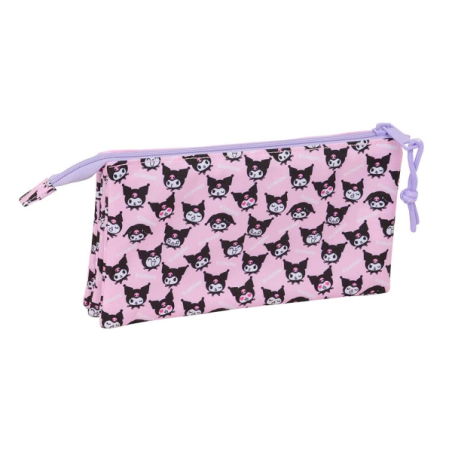 Trousse Kuromi 3 compartiments zippés rose 22x12x3 cm