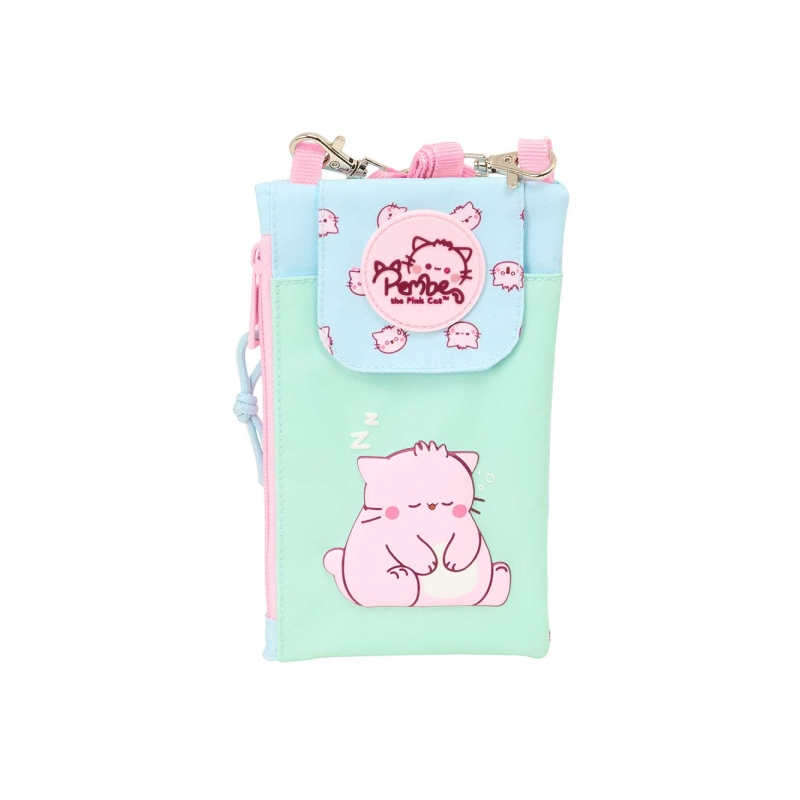 Étui portefeuille porte-téléphone chat rose menthe 17,5 cm