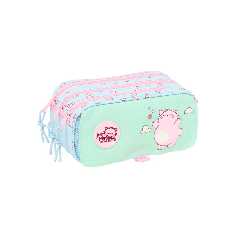 Trousse à crayons Safta Pembe Chat Rose menthe 3 compartiments