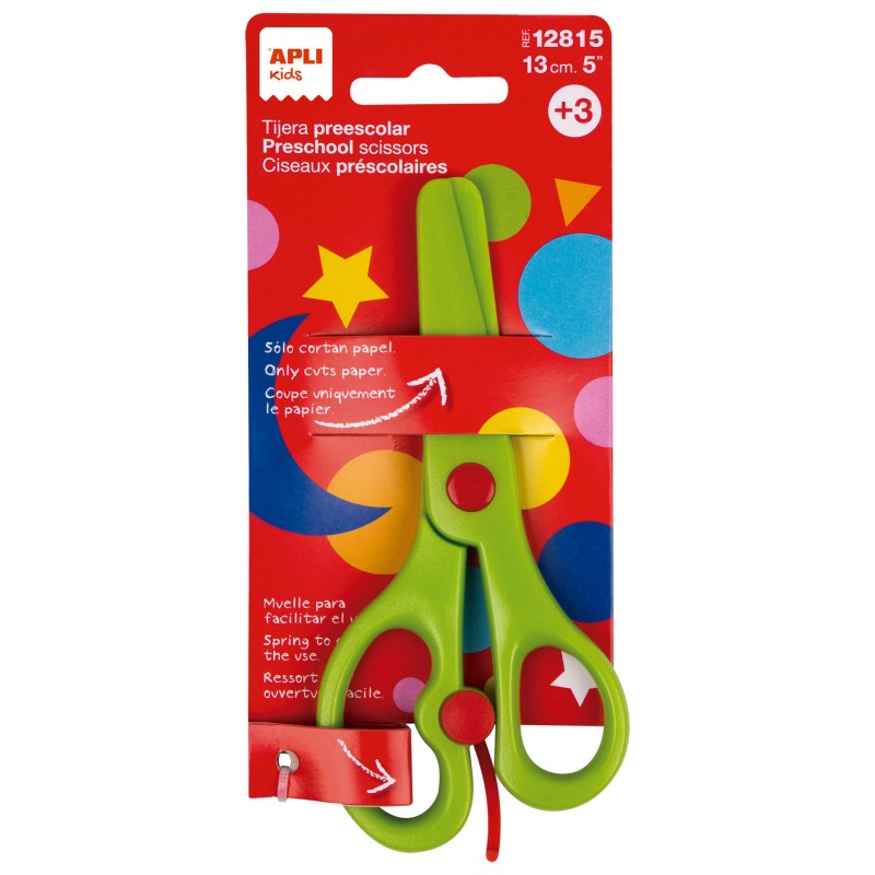 Ciseaux Préscolaires Apli 13cm - Ergonomiques - Ressort - Lames Plastique - Pointe Arrondie - Vert