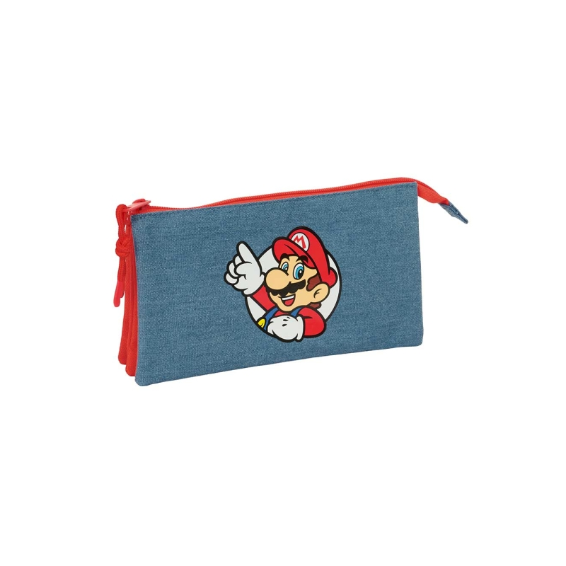 Trousse Super Mario 3 compartiments rouge et bleu 22x12x3 cm