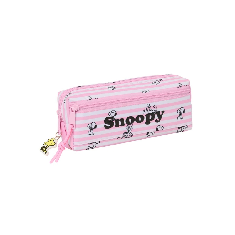Trousse Snoopy 3 compartiments zippés rose 22x8,5x6 cm