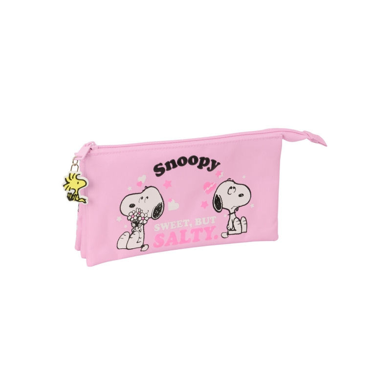 Trousse Snoopy 3 compartiments zippés rose 22x12x3 cm