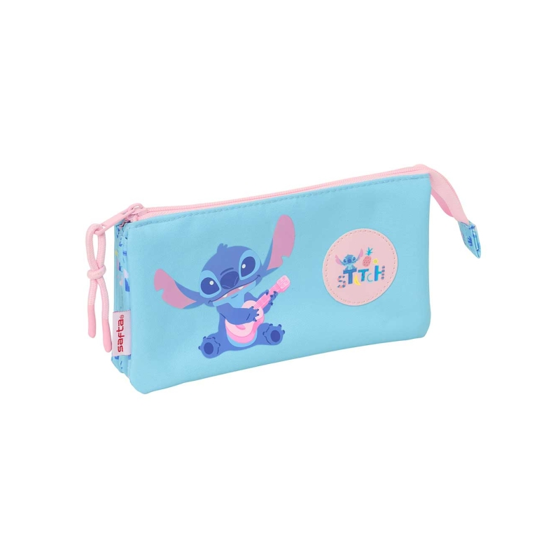 Trousse 3 compartiments Stitch Waves bleu clair 22x12x3 cm