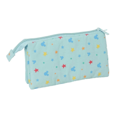 Trousse 3 compartiments Mickey Mouse bleu pastel 22x12x3 cm