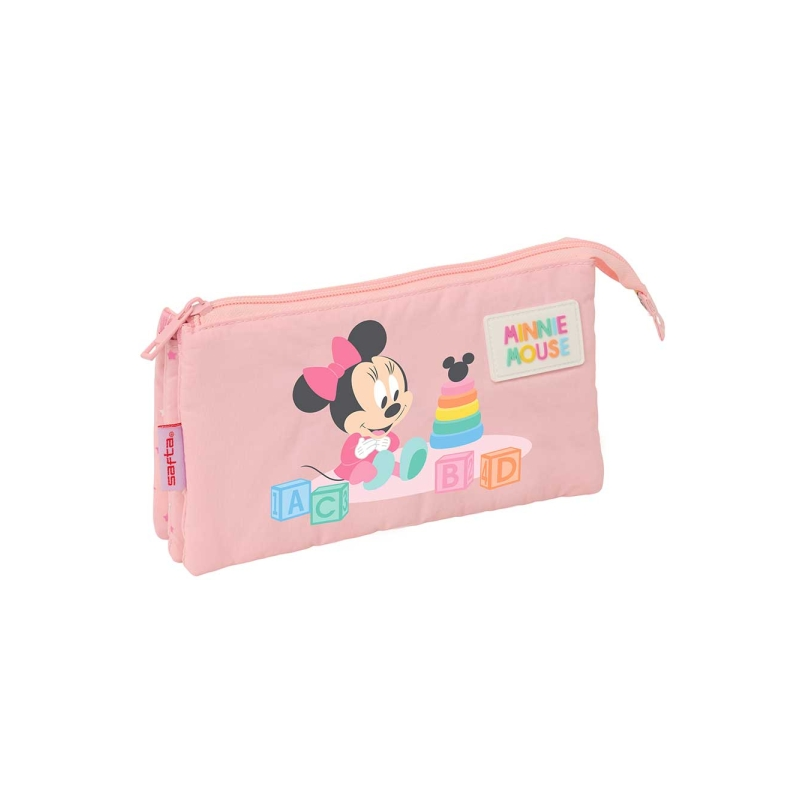 Trousse Minnie Mouse 3 compartiments rose pastel 22x12x3 cm