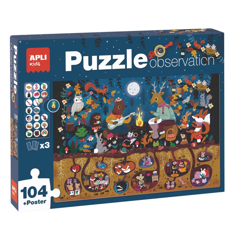 Apli Kids Puzzle d'observation de la forêt - 104 pièces de 5x5 cm - Comprend une affiche et 3 feuilles - Pièces résistantes et