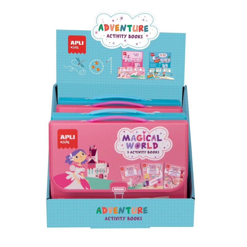 Apli Display Cahiers d'Activités de 6 Unités - 2 Thèmes : le Monde Magique et les Pirates - 3 Livres avec Feuilles Plastifiées