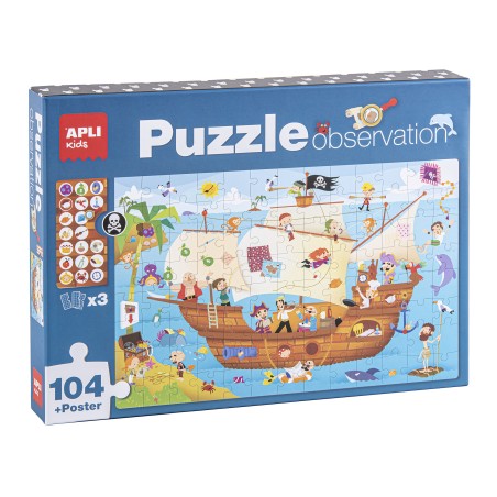 ✅ Apli Kids Puzzle d'Observation Bateau Pirate - 104 Pièces de 5x5 cm - Affiche Taille Réelle - Carreaux avec en stock