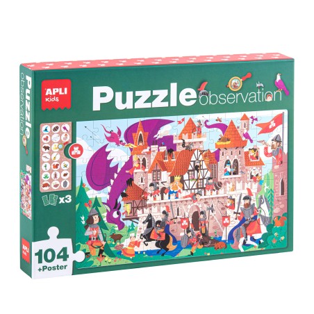 ✅ Puzzle d'observation du château d'Apli Kids - 104 pièces de 5x5 cm - Taille 64,5x41,5 cm - Comprend une affi en stock