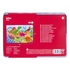 Puzzle Dinosaure Apli Kids - 48 Pièces de 5,5x6cm - Boîte Rectangulaire en Métal - Design Exclusif pour Enfants, Coloré, Clair