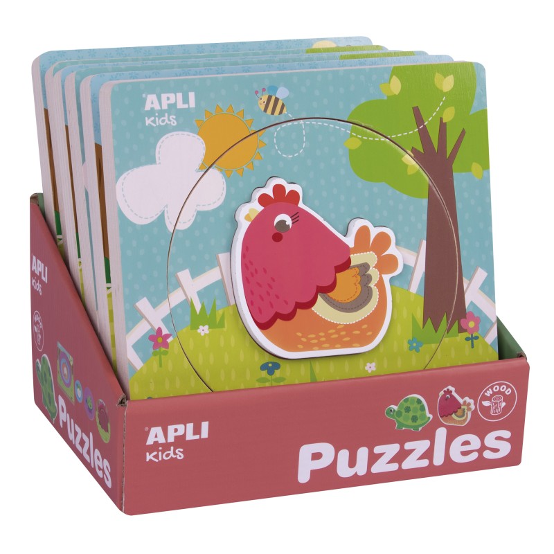 Apli Présentoir Puzzle en Bois - 198x198x18 mm - 6 Puzzles avec Cycle de Vie et Animal - Guide Imprimé - Haute Valeur