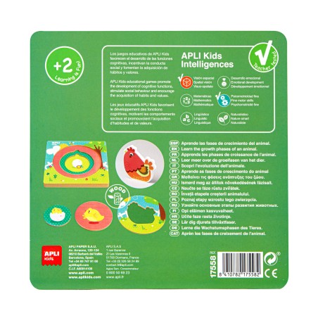 Cycle de vie du puzzle en bois Apli - 3 couches différentes - Morceau de poulet - Taille 198x198x18mm - Guide imprimé - Haute