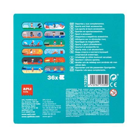 Apli Puzzle Sports et Accessoires - 36 Pièces de 7x7cm - 12 Séquences de 3 Pièces - Carton 2mm avec Finition Brillante