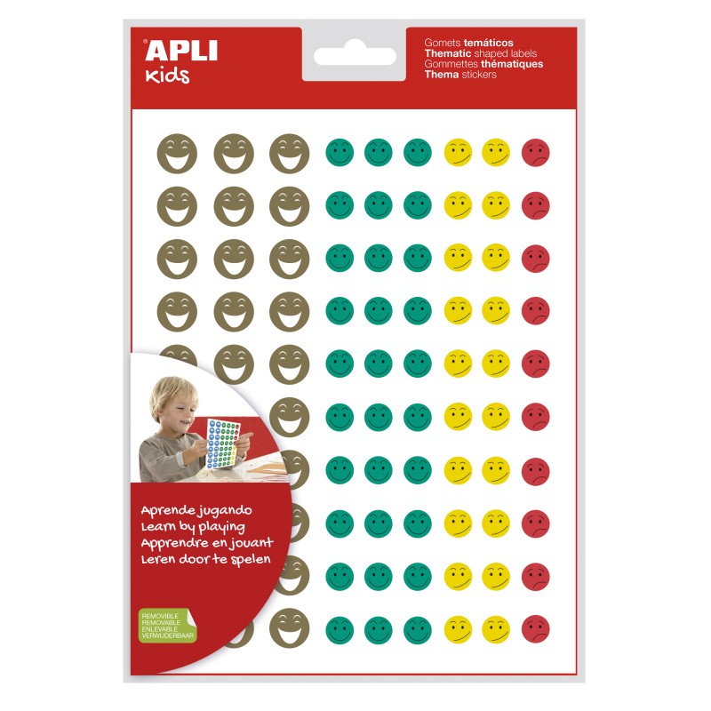 LOT de 5 Apli Mini Happy Face Stickers - 180 autocollants par sac - 4 styles de visage différents - Adhésif amovible - Motiver