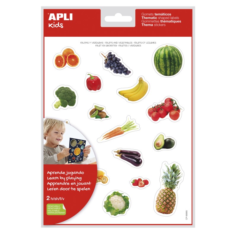 LOT de 5 Apli Autocollants thématiques Aliments réalistes du jardin - 36 autocollants sur 2 feuilles - Images réalistes