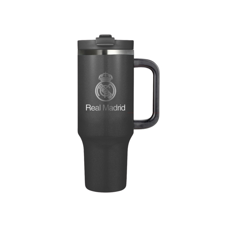 Vaso thermique Real Madrid 1,2L noir avec anse et paille Vaso thermique Real Madrid 1,2L noir avec anse et paille