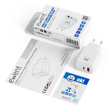 Ewent EW1329 Chargeur GaN 45W USB-C PD3.0 USB-A QC3.0 Blanc