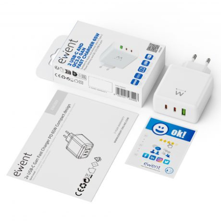 Chargeur Ewent EW1329 GaN 65W 2xUSB-C PD 1xUSB-A QC Blanc