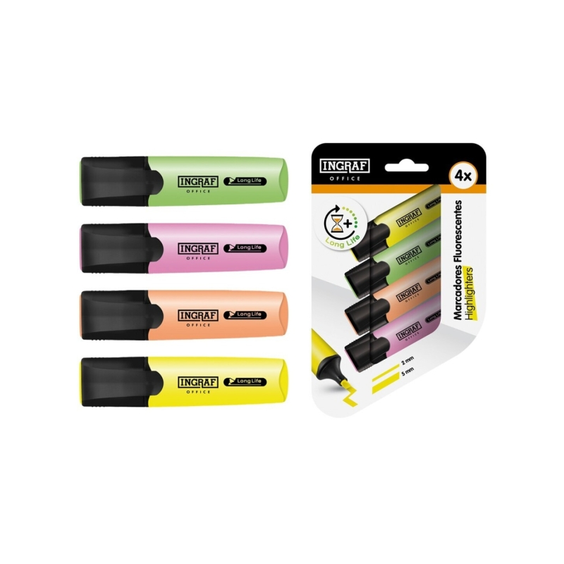 Ingraf Pack 4 Marqueurs Surligneurs Biseautés Couleurs Assorties Ingraf Pack 4 Marqueurs Surligneurs Biseautés Couleurs Assorties