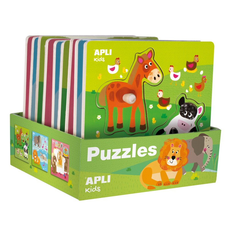 Apli Exposant de Puzzles en Bois Emboîtables Thème Enfants Animaux - 20x20 cm - 9 Puzzles avec Guide Imprimé - Haute Valeur
