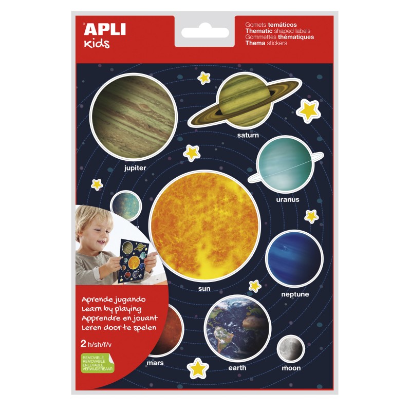 LOT de 5 Sachet Apli de Stickers Thème Système Solaire - 40 Stickers sur 2 Feuilles - Adhésif Amovible - Aide à l'Apprentissage