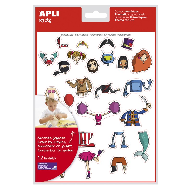 LOT de 5 Apli Gomets Personnages thématiques - 300 unités - Adhésif amovible - Illustrations amusantes - Idéal pour les écoles