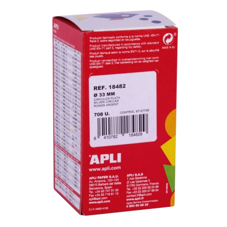 Apli Gomets Ronds Argent Métallisé - Ø33mm - 59 Feuilles Prédécoupées - Adhésif à Base d'Eau - Normes EN-71 et FSC