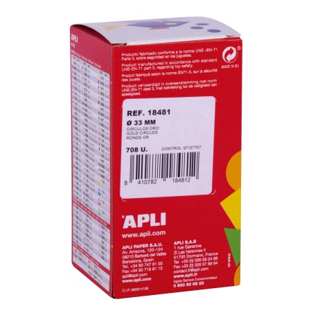Autocollants ronds Apli Metallic Gold - Ø33mm - 59 feuilles prédécoupées - 708 autocollants par rouleau - Conforme aux normes