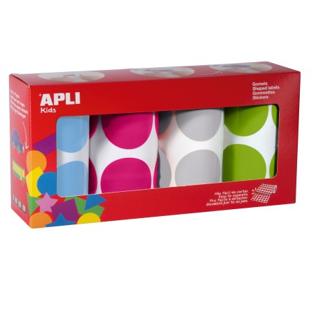 ✅ Apli Stickers Ronds Ø 45mm - Pack de 4 Rouleaux de Couleurs Assorties - Adhésif Permanent - 1416 Stickers pa en stock