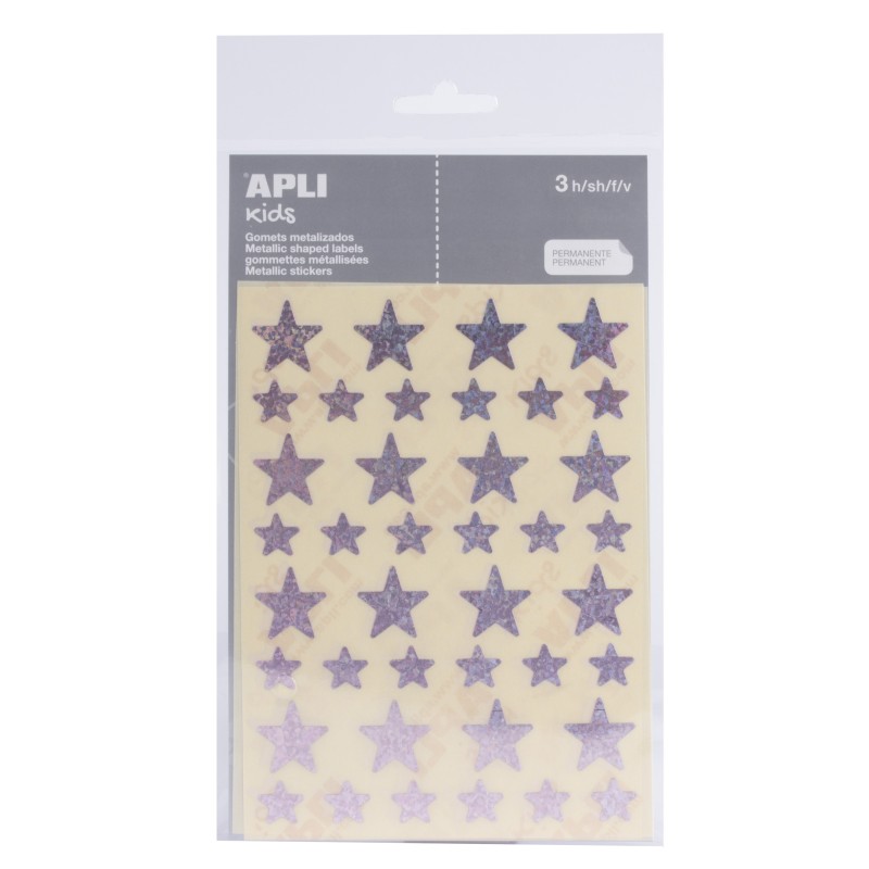 LOT de 10 Apli Holographic Star Stickers - Taille 12,5 mm et 19,5 mm - Adhésif permanent - 120 autocollants par sachet